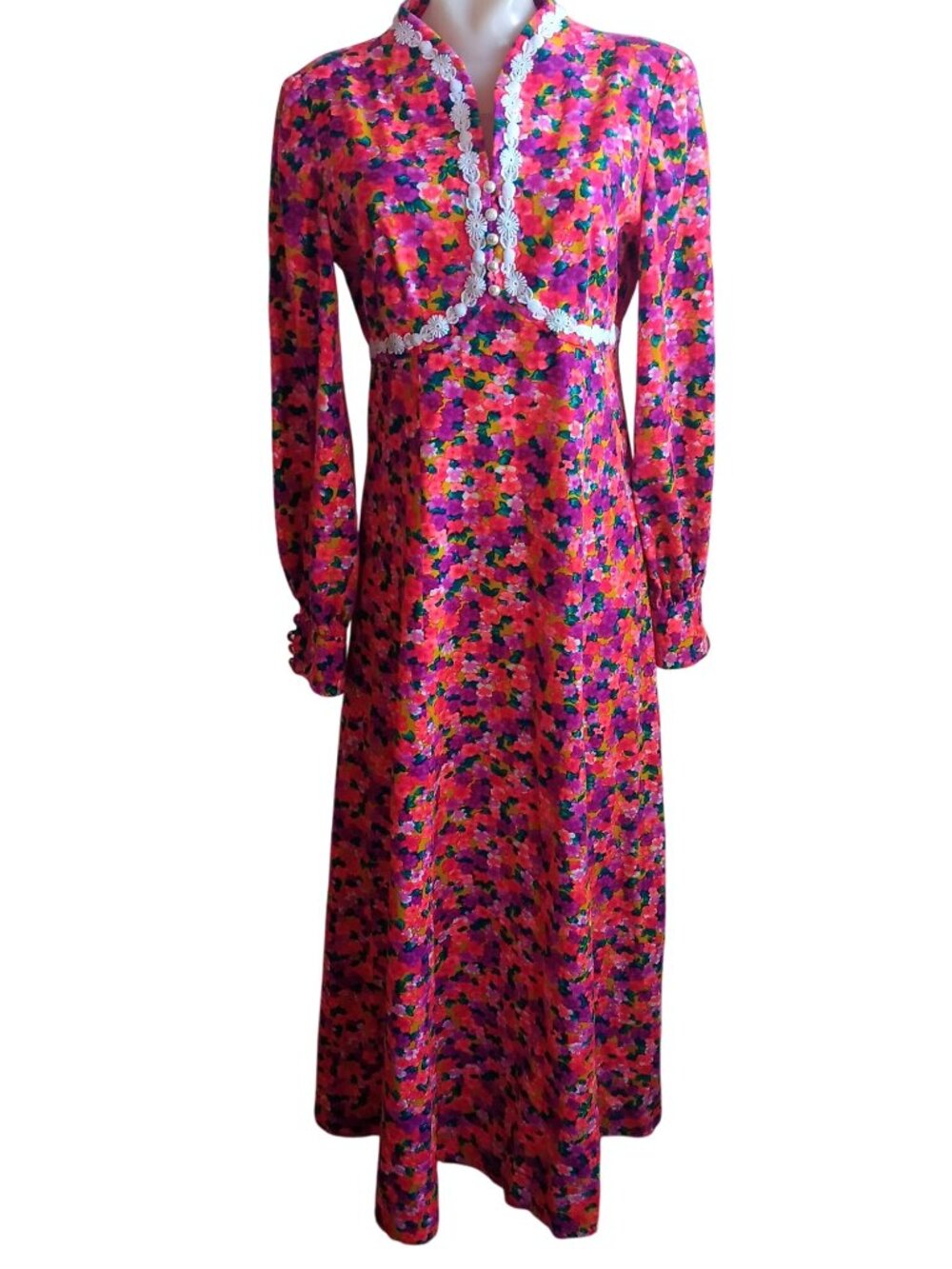 True Vintage Dress sz 8 Floral Maxi Dress Lace Trim Peasant Boho Prairie Pink